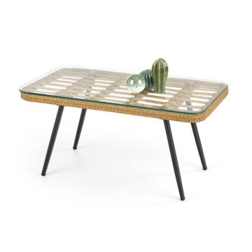 Masa de cafea din ratan sintetic, sticla si metal Gardena Law Natural, L90xl50xH43 cm Masa de cafea din ratan sintetic, sticla si metal Gardena Law Natural, L90xl50xH43 cm