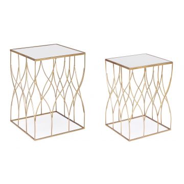 Set 2 mese de cafea din metal si sticla Elenor Square Auriu, L41xl41xH56 cm / L36xl36xH51 cm
