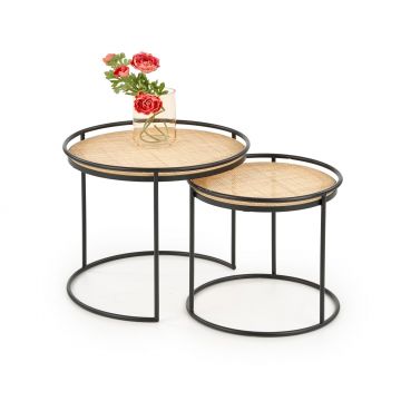 Set 2 mese de cafea din ratan si metal Manton Natural / Negru, Ø51xH42 / Ø41xH37 cm