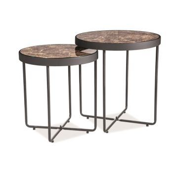 Set 2 mese de cafea din sticla si metal Marenda Marmura / Negru, Ø44xH49 cm / Ø40xH43 cm