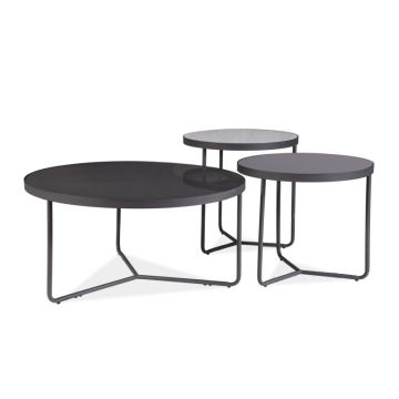 Set 3 mese de cafea din sticla si metal Artemus Gri / Negru / Gri deschis, Ø80xH40 cm / Ø50xH50 cm / Ø50xH45 cm