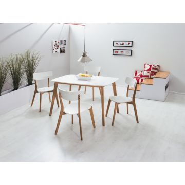Set masa din MDF si lemn Mosso I Alb / Stejar + 4 scaune din lemn si MDF Mosso II Alb / Stejar, L120xl75xH75 cm