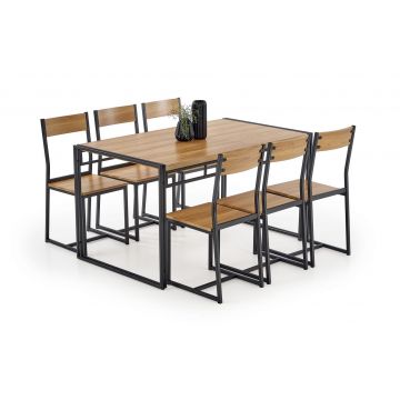 Set masa din MDF si metal + 6 scaune Bolivar Stejar Auriu / Negru, L140xl80xH75 cm
