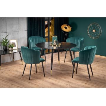 Set masa rotunda din MDF si metal Ember Negru / Auriu + 4 scaune tapitate cu stofa Kai-386 Verde inchis / Negru, Ø120xH75 cm