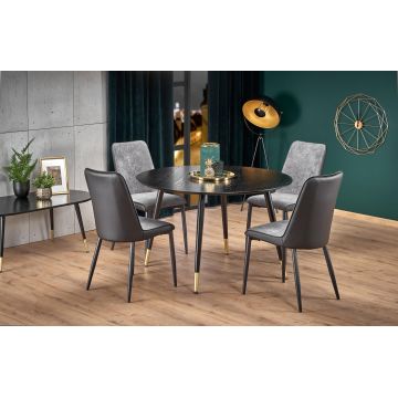 Set masa din MDF si metal Ember Negru / Auriu + 4 scaune tapitate cu stofa si piele ecologica Kai-368 Gri inchis / Negru, Ø120xH75 cm