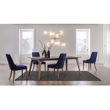 Set masa din pal + 4 scaune tapitate cu stofa, cu picioare din lemn Gold Nuc / Bleumarin, L200xl100xH75 cm Set masa din pal + 4 scaune tapitate cu stofa, cu picioare din lemn Gold Nuc / Bleumarin, L200xl100xH75 cm