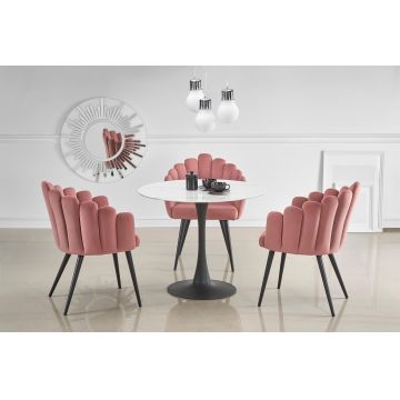 Set masa rotunda din sticla si metal Amberly Alb / Negru + 3 scaune tapitate cu stofa Kai-410 Roz / Negru, Ø90xH72 cm