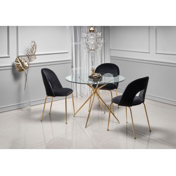 Set masa din sticla si metal Rondo Transparent / Auriu + 4 scaune tapitate cu stofa K385 Velvet Negru / Auriu, Ø110xH74 cm