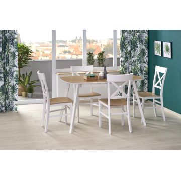 Set masa extensibila din MDF si lemn de fag Kajetan 2 Stejar / Alb + 4 scaune Tutti Alb / Stejar, L135-185xl82xH76 cm Set masa extensibila din MDF si lemn de fag Kajetan 2 Stejar / Alb + 4 scaune Tutti Alb / Stejar, L135-185xl82xH76 cm