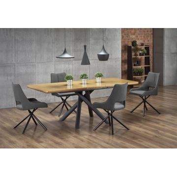 Set masa extensibila din MDF si metal Derecho Stejar / Negru + 4 scaune tapitate cu stofa Kai-409 Gri / Negru, L160-200xl90xH75 cm