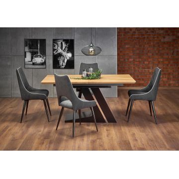 Set masa extensibila din MDF si metal Fergal Stejar / Negru + 4 scaune tapitate cu stofa Kai-369 Gri inchis / Negru, L160-220xl90xH75 cm