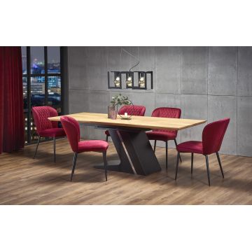 Set masa extensibila din MDF si metal Fergal Stejar / Negru + 6 scaune tapitate cu stofa Kai-399 Bordeaux, L160-220xl90xH75 cm