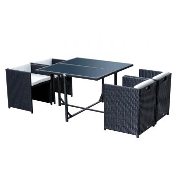 Outsunny Set Mobilier Gradina din Ratan 5 Piese cu Masa de Pranz si 4 Scaune Terasa Exterior, include Perne,109x109x72cm Negru | Aosom.ro