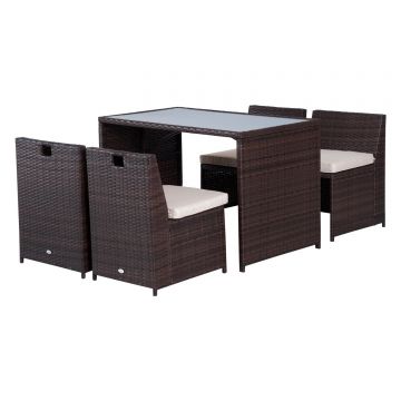 Outsunny Set Mobilier Gradina din Ratan 5 Piese cu Masa de Pranz si 4 Scaune Terasa, inclus Perne 120×69×77,5cm, Culoare Maro | Aosom.ro