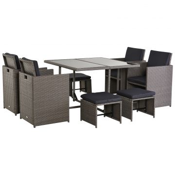 Outsunny Set Mobilier de Gradina Extern 9 bucati Masa cu 4 Scaune 4 Taburet in Rattan, Maro