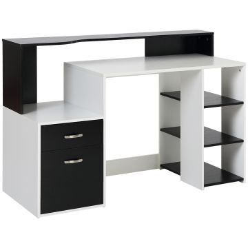 Homcom Masa de Birou Moderna pentru Computator cu Rafturi din Lemn MDF Alb si Negru 140x55x92cm