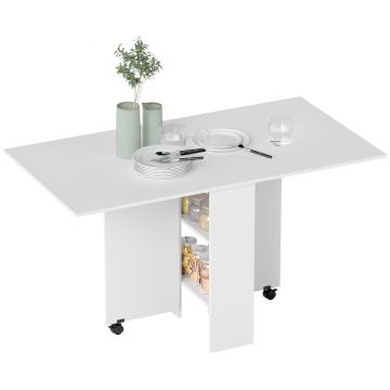 HOMCOM Masă Pliabilă pentru 4-6 Persoane cu 2 Roți și 2 rafturi depozitare, 140x75x74cm, Alb | Aosom Romania