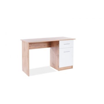 Masa de birou din pal, cu 1 sertar si 1 usa B-002 Stejar Wotan / Alb, L120xl51xH78 cm