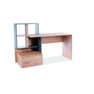 Masa de birou din pal, cu biblioteca si sertar B-003 Stejar Wotan / Alb, L150xl50xH105 cm