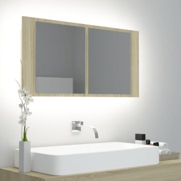 vidaXL Dulap de baie cu oglindă și LED, stejar Sonoma, 90x12x45 cm