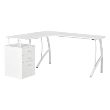 HOMCOM Masa de birou de colt cu sertar, masa de birou oficiu suport PC din lemn si metal, alb, 143,5x143,5x76cm 