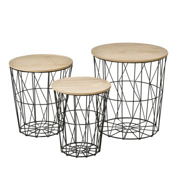 HOMCOM Set 3 Masute pentru Sufragerie Moderne de Suprapus, Plan Detasabil si Baza Container, Otel si MDF, culoarea Lemnului si Negru