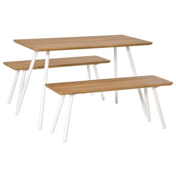 HomCom Set masa si 2 banci, set mobilier pentru bucatarie, masa din MDF, alb | AOSOM RO