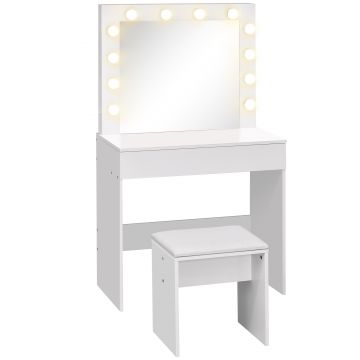 Masa de machiaj cu scaun tapitat oglinda cu12 lampi cu LED sertar mare vintage pentru dormitor din MDFalb