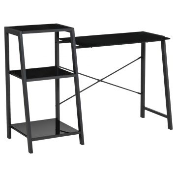 HOMCOM Birou pentru camera si birou cu raft 3 rafturi, birou modern din sticla si metal, 126x45x86.7cm, negru