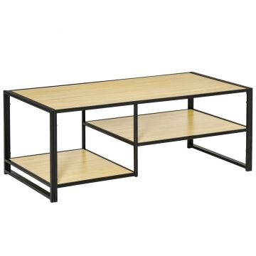 HOMCOM Masuta de Cafea Stil Industrial cu 3 Etajere,Masuta de Sufragerie Joasa din Lemn si Otel, Culoarea Stejarului