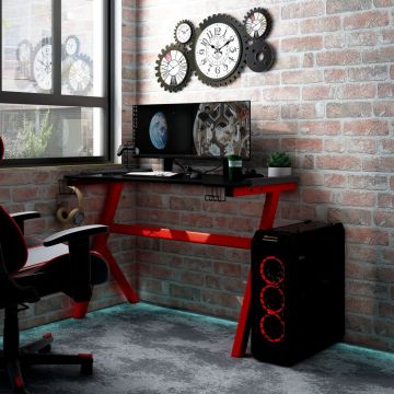 vidaXL Birou de gaming cu picioare formă Y negru/roșu 110x60x75 cm LED