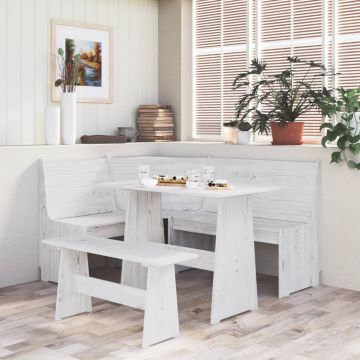 vidaXL Masă de bucătărie cu bancă, alb, lemn masiv de pin