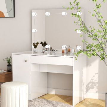 vidaXL Masă de machiaj cu lumini LED alb strălucitor 110x55x145 cm MDF vidaXL Masă de machiaj cu lumini LED alb strălucitor 110x55x145 cm MDF