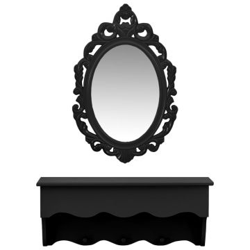 vidaXL Set raft perete pentru chei/bijuterii cu oglindă/cârlige negru