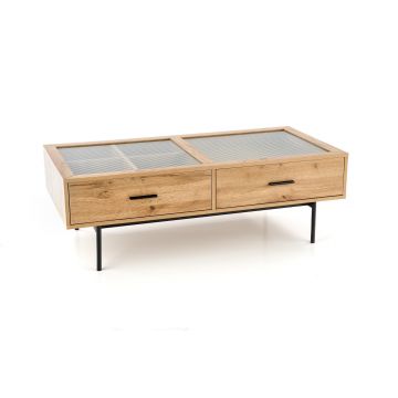 Masa de cafea din sticla, MDF si metal cu 2 sertare, Costanza Stejar / Negru, L120xl60xH40 cm Masa de cafea din sticla, MDF si metal cu 2 sertare, Costanza Stejar / Negru, L120xl60xH40 cm