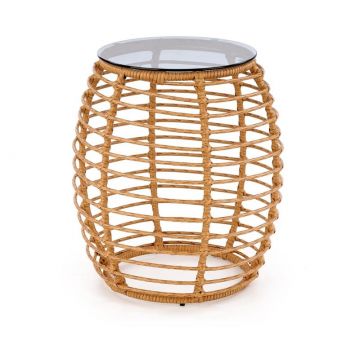 Masa de cafea pentru gradina / terasa din ratan sintetic si sticla, Barrera Natural / Negru, Ø48xH56 cm