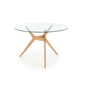 Masa din sticla si lemn, Ashmore Transparent / Natural, Ø120xH77 cm Masa din sticla si lemn, Ashmore Transparent / Natural, Ø120xH77 cm
