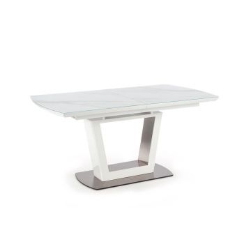 Masa extensibila din sticla, MDF si metal, Blanco Marmura / Alb, L160-200xl90xH76 cm Masa extensibila din sticla, MDF si metal, Blanco Marmura / Alb, L160-200xl90xH76 cm