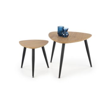 Set 2 mese de cafea din MDF si metal, Nichola II Stejar Auriu / Negru, Ø60xH49 / Ø40xH41 cm