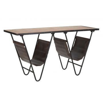 Masuta living cu suport reviste Mauro Ferretti, 120 x 43 x 62.5 cm, lemn de brad/fier/piele ecologica, negru/maro