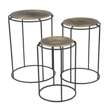 Set 3 masute de cafea din metal Roundy Negru / Alama, Ø48xH66,5 / Ø42xH59,5 / Ø36xH52,5 cm