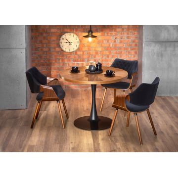 Set masa rotunda din MDF, furnir si metal Carmelita Nuc / Negru + 4 Scaune din pal tapitate cu stofa si picioare de lemn, Kai-396 Velvet Negru / Nuc, Ø100xH75 cm