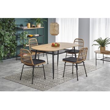 Set masa din MDF si metal, Jackie Stejar Auriu / Negru + 4 Scaune din ratan sintetic cu picioare metalice Kai-401 Natural / Negru, L160xl90xH77 cm