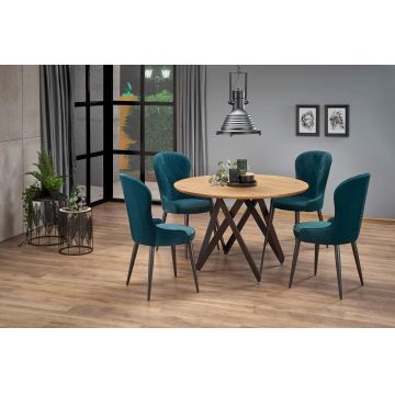 Set masa rotunda din MDF si metal, Mozare Stejar Auriu / Negru + 4 Scaune tapitate cu stofa si picioare metalice Kai-366 Velvet Verde inchis / Negru, Ø120xH75 cm