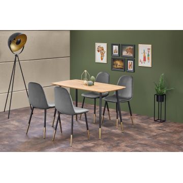 Set masa din MDF si metal, Tropolida Stejar / Negru / Auriu + 4 Scaune tapitate cu stofa si picioare metalice, Kai-379 Velvet Gri / Negru / Auriu, L120xl70xH76 cm