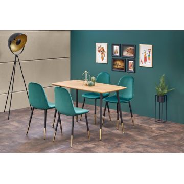 Set masa din MDF si metal, Tropolida Stejar / Negru / Auriu + 4 Scaune tapitate cu stofa si picioare metalice, Kai-379 Velvet Verde Inchis / Negru / Auriu, L120xl70xH76 cm