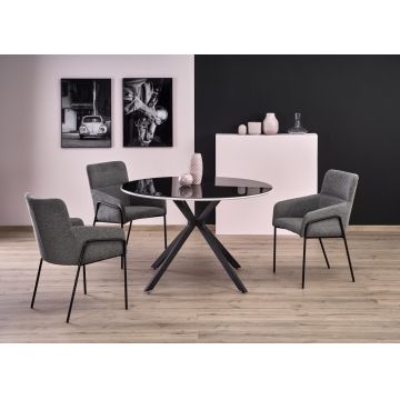 Set masa rotunda din sticla, MDF si metal, Avelyn Negru / Alb + 4 Scaune tapitate cu stofa si picioare metalice Kai-327 Gri / Negru, Ø120xH76 cm