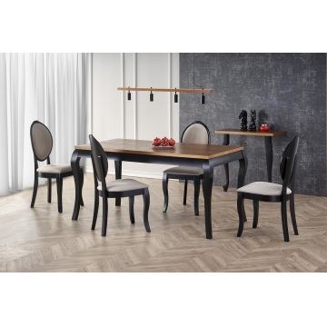 Set masa extensibila din furnir si lemn, Wynton Stejar Inchis / Negru + 4 Scaune din lemn de fag tapitate cu stofa, Velda Bej / Negru, L160-240xl90xH76 cm