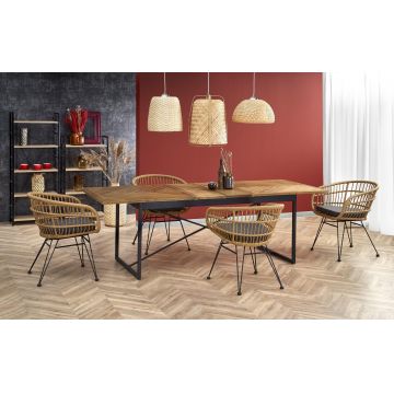 Set masa extensibila din MDF, furnir si metal, Alvarado Stejar / Negru + 4 Scaune din ratan sintetic cu picioare metalice Kai-456 Natural / Negru, L180-240xl90xH77 cm