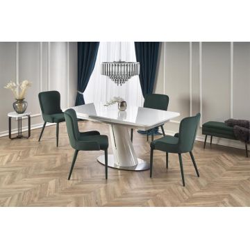 Set masa extensibila din MDF si metal, Odette Alb + 4 Scaune tapitate cu stofa si picioare metalice, Kai-425 Velvet Verde Inchis, L160-200xl90xH76 cm